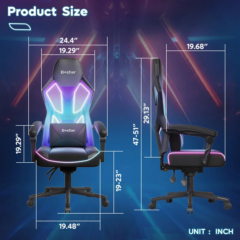 Haigh RGB Black or Black and Red LED Gaming Chair with Adjustable Lumbar, Ergonomic Office Chairs, Swiveling PC & Racing Chair