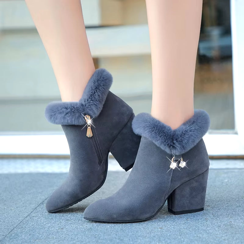 Fashion Boots Women Fur Winter Warm Pointed Ankle Boots Sexy Rhinestone Decoration Zipper Women Boots Comfortable Female Shoes
