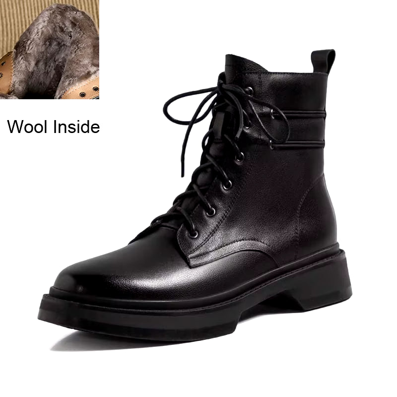 Genuine Leather Wool Ankle Boots Women Winter Low Square Heeled Shoes Elegant Ladies Lace up round Toe Black Warm Short Boots