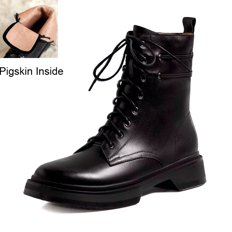 Genuine Leather Wool Ankle Boots Women Winter Low Square Heeled Shoes Elegant Ladies Lace up round Toe Black Warm Short Boots