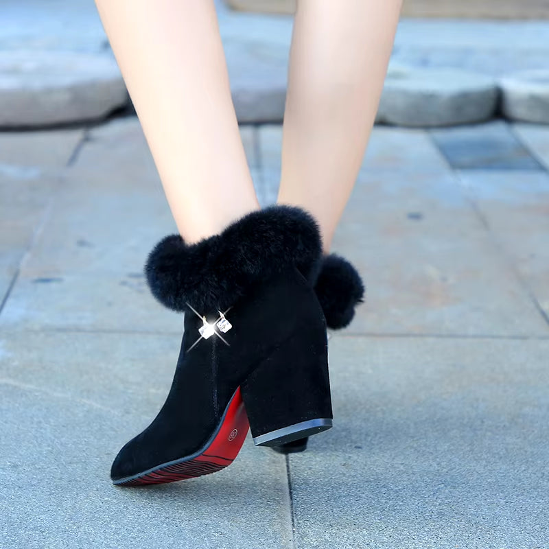 Fashion Boots Women Fur Winter Warm Pointed Ankle Boots Sexy Rhinestone Decoration Zipper Women Boots Comfortable Female Shoes