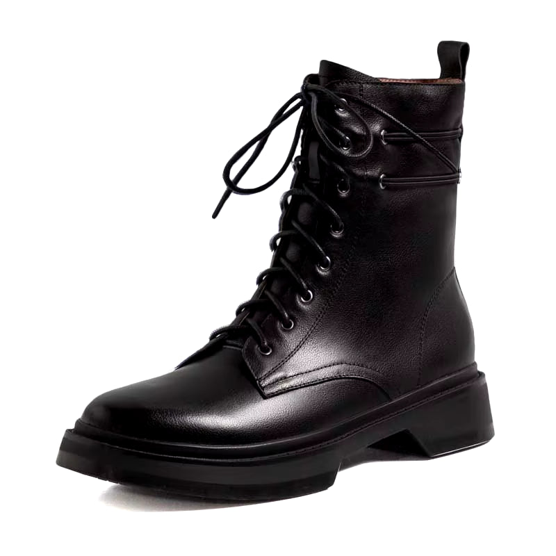 Genuine Leather Wool Ankle Boots Women Winter Low Square Heeled Shoes Elegant Ladies Lace up round Toe Black Warm Short Boots