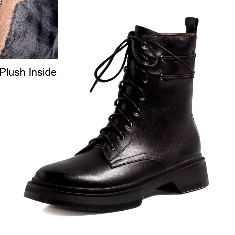 Genuine Leather Wool Ankle Boots Women Winter Low Square Heeled Shoes Elegant Ladies Lace up round Toe Black Warm Short Boots