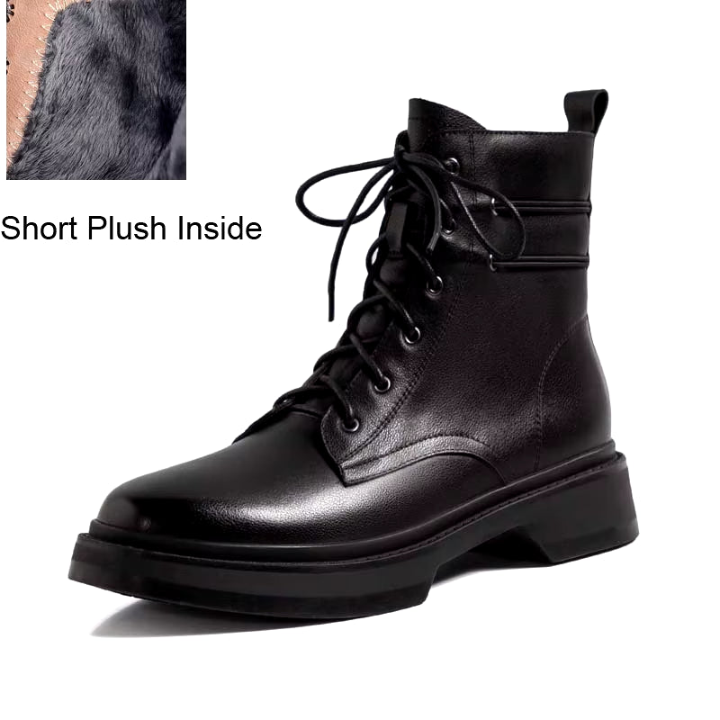 Genuine Leather Wool Ankle Boots Women Winter Low Square Heeled Shoes Elegant Ladies Lace up round Toe Black Warm Short Boots
