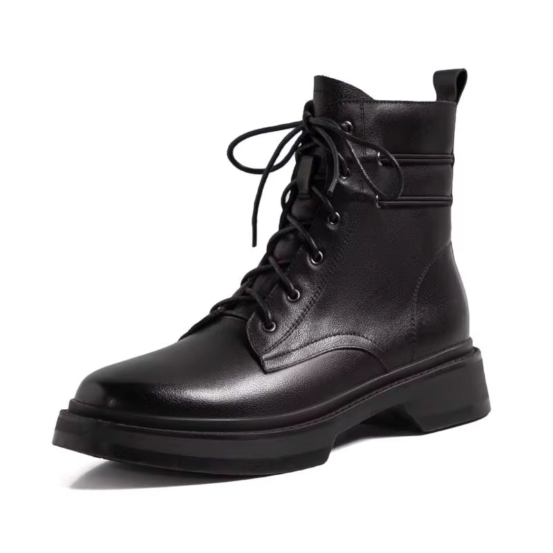 Genuine Leather Wool Ankle Boots Women Winter Low Square Heeled Shoes Elegant Ladies Lace up round Toe Black Warm Short Boots