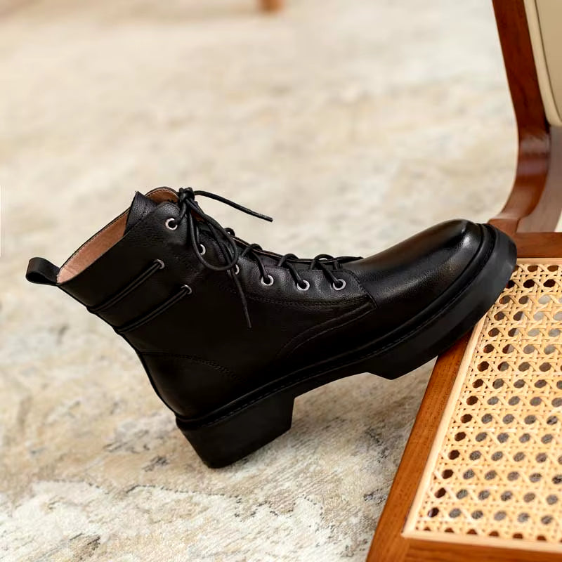 Genuine Leather Wool Ankle Boots Women Winter Low Square Heeled Shoes Elegant Ladies Lace up round Toe Black Warm Short Boots