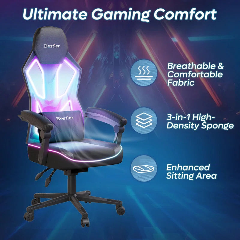 Haigh RGB Black or Black and Red LED Gaming Chair with Adjustable Lumbar, Ergonomic Office Chairs, Swiveling PC & Racing Chair