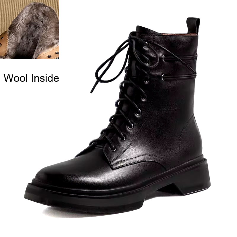 Genuine Leather Wool Ankle Boots Women Winter Low Square Heeled Shoes Elegant Ladies Lace up round Toe Black Warm Short Boots
