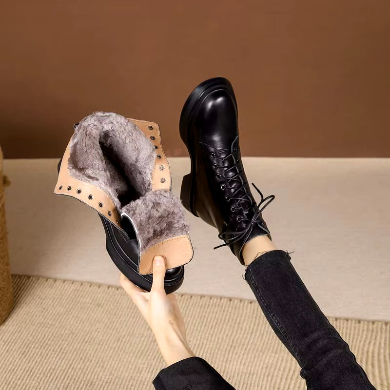 Genuine Leather Wool Ankle Boots Women Winter Low Square Heeled Shoes Elegant Ladies Lace up round Toe Black Warm Short Boots