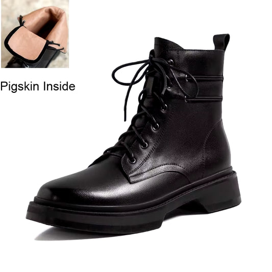 Genuine Leather Wool Ankle Boots Women Winter Low Square Heeled Shoes Elegant Ladies Lace up round Toe Black Warm Short Boots