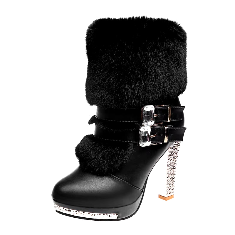 Winter Shoes Women High Heels Boots Fashion Ladies Party Shoes Warm Fur Shoes Woman Super High Heel 10Cm Black White A2813