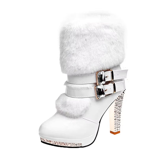 Winter Shoes Women High Heels Boots Fashion Ladies Party Shoes Warm Fur Shoes Woman Super High Heel 10Cm Black White A2813