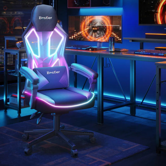 Haigh RGB Black or Black and Red LED Gaming Chair with Adjustable Lumbar, Ergonomic Office Chairs, Swiveling PC & Racing Chair