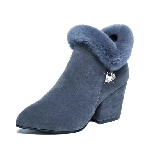 Fashion Boots Women Fur Winter Warm Pointed Ankle Boots Sexy Rhinestone Decoration Zipper Women Boots Comfortable Female Shoes